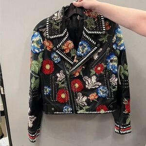 Alice + Olivia Black Cody Floral Leather Jacket new without tags